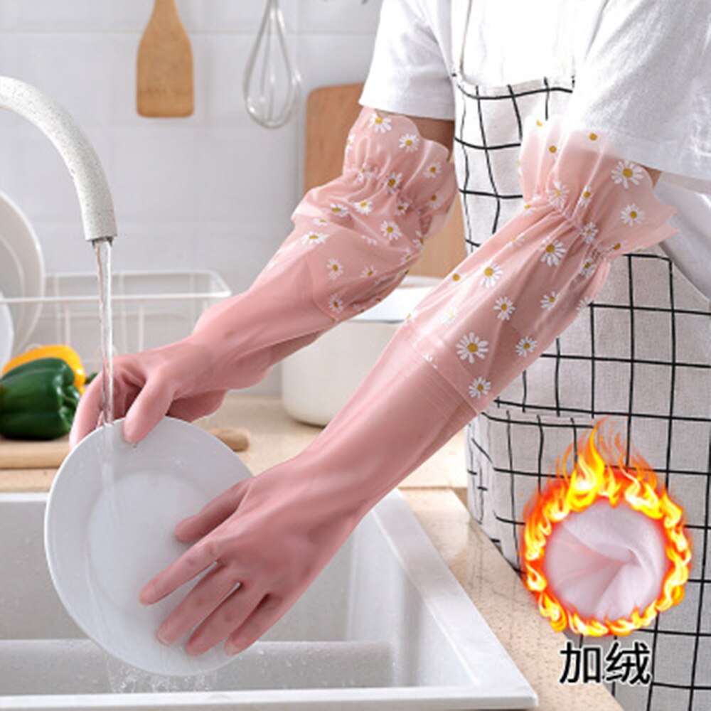 Daisy Dishwashing Clean Long Sleeve Gloves For Kitchen Dishes Clothes Cleaning Toliet Bathroom Housework Gloves: (P)Thickened 1 pair / L