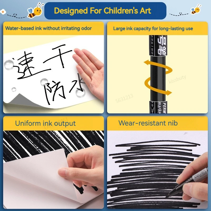 Deli 5/9pcs Twin Tip Permanent Marker Pens 0.5-1.2mm Nib Waterproof Ink Oily Black Ink Fine Point Paint Marker Pen Stationery