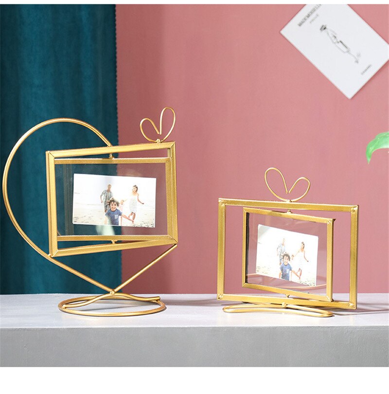 Geometric Golden Metal Photo Frame Desktop Heart Picture Frames for Portraits and Landscape Photo Rotating Photo Frame