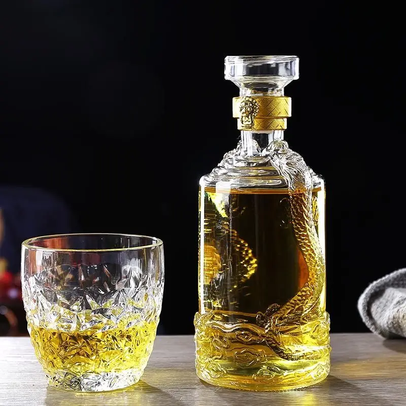 Decantador de whisky de forma redonda de 500ML con grabado de dragón, botella de Alcohol para licor Scotch Bourbon