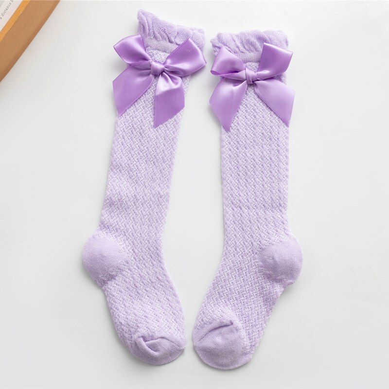 Calcetines hasta la rodilla con lazo para bebé y niño, medias caladas de estilo real, colores caramelo, Verano: Purple Bow Socks