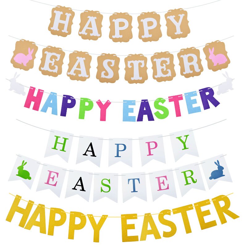 Multiple Styles Happy Easter Decor Banner Cute Easter Bunny Egg Paper Garland For Home Hanging Bunting Easter Day Party Supplies