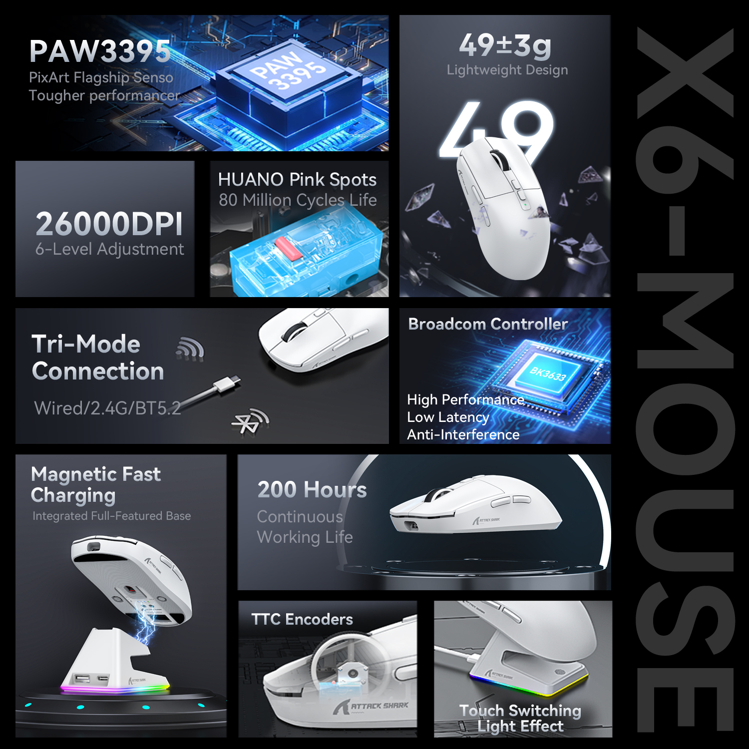 Attack Shark X6 PAW3395 ratón Bluetooth, conexión trimodo, Base de carga magnética táctil RGB, ratón para juegos Macro