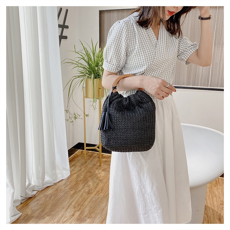 #39 dameshandtas zomer stro strandtas bohemian dames netvak holle ronde handgreep tote met hout