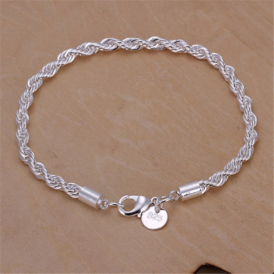 925 Sterling silver 4MM women men chain male twisted rope necklace bracelets Silver jewelry Set
