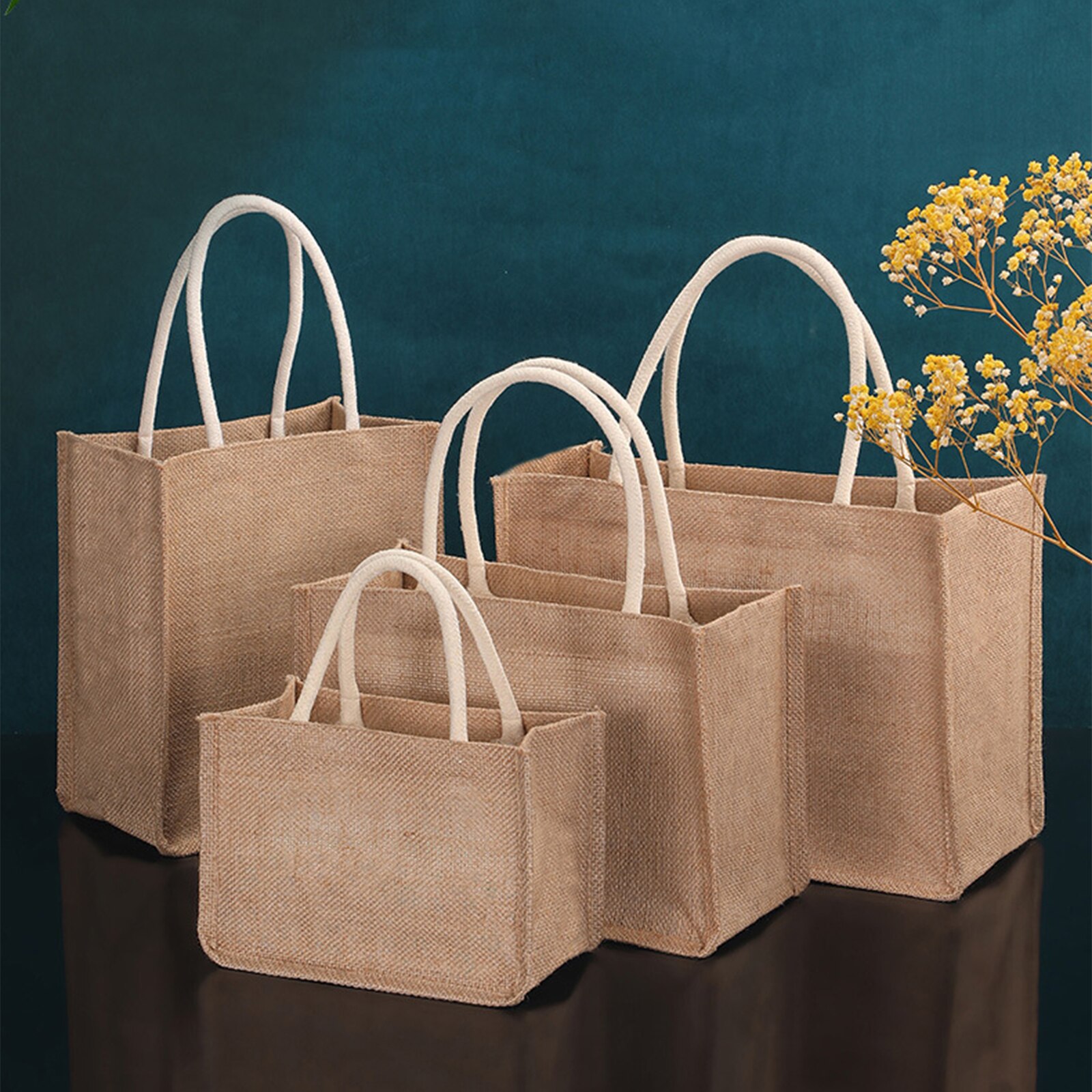 Burlap Tote Bags Jute Beach Shopping Handbag, Vintage Reusable Bags with for Grocery Crafts Birthday Parties Wedding