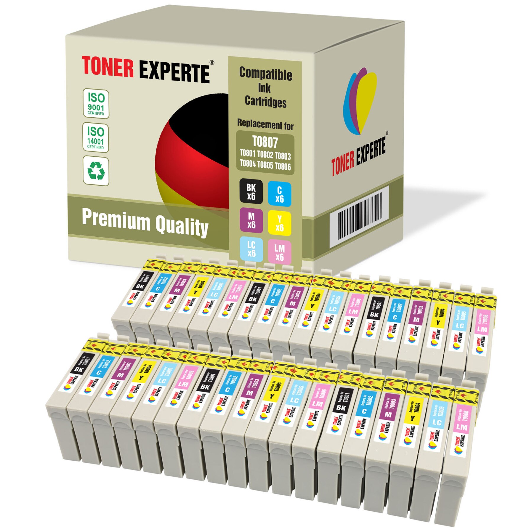 TONER EXPERTE® T0807 Cartouches d'encre pour Epson Stylus Photo: 6x BLACK / 12x CYAN / 12x MAGENTA / 6x YELLOW