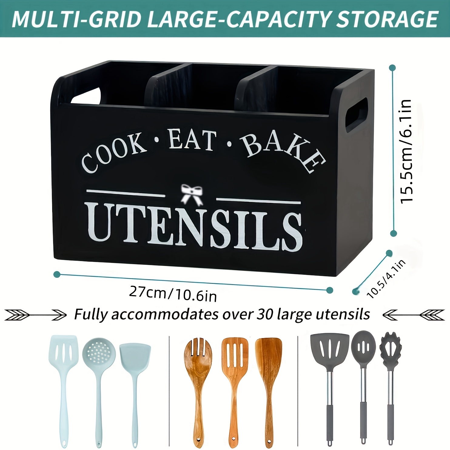 Soporte para utensilios de cocina con 3 compartimentos, organizador de utensilios de madera para encimera de cocina, decoración de cocina, utensilio de cocina