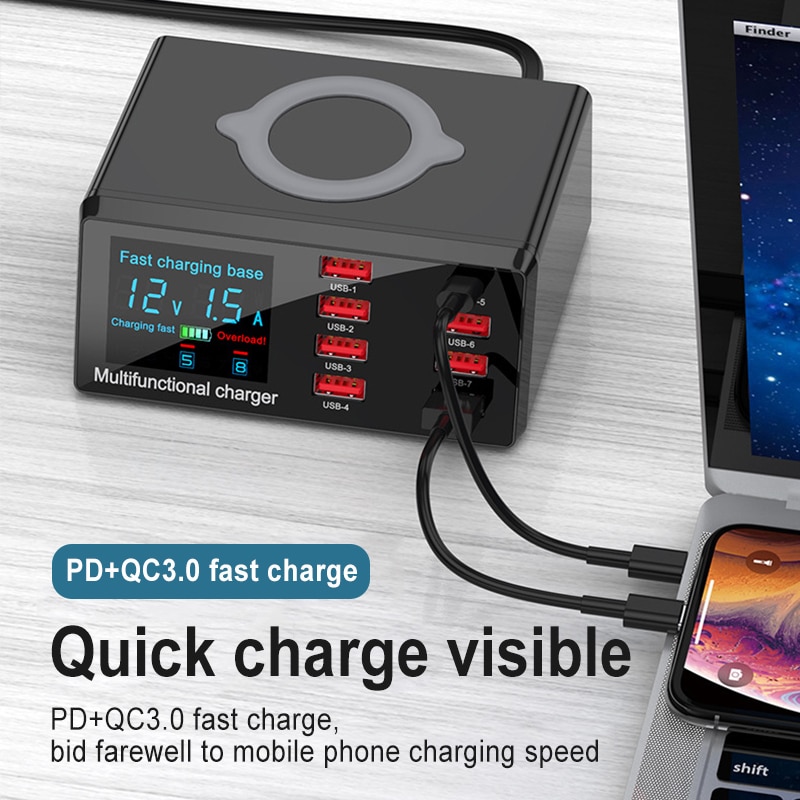 100W Multi 8 Port USB Fast Charger For Iphone 11 Pro XS XR 8 Quick Charge 3.0 Qi Wireless Charger For Samsung S10 S9