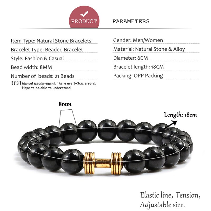 Kausalen Männer Armband Schwarz Natürliche Stein Lava Perlen Legierung Fitness gym Hantel Armbänder Armreifen Charme Frauen Männlichen Outdoor Schmuck