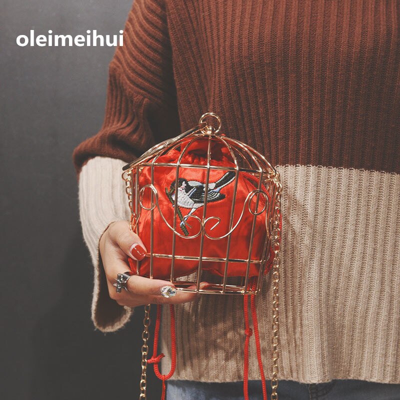 women&#39;s Birdcage Evening Bag Clutch Metal Frame Embroidery Bucket Bird Cage Mini Bag Purse women Gold tassel Handbag: Red