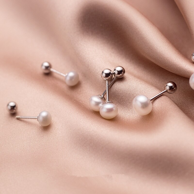 White Freshwater Pearl Screw Back Stud Earrings 925 Sterling Silver For Women Girls Kids Piercing Jewelry