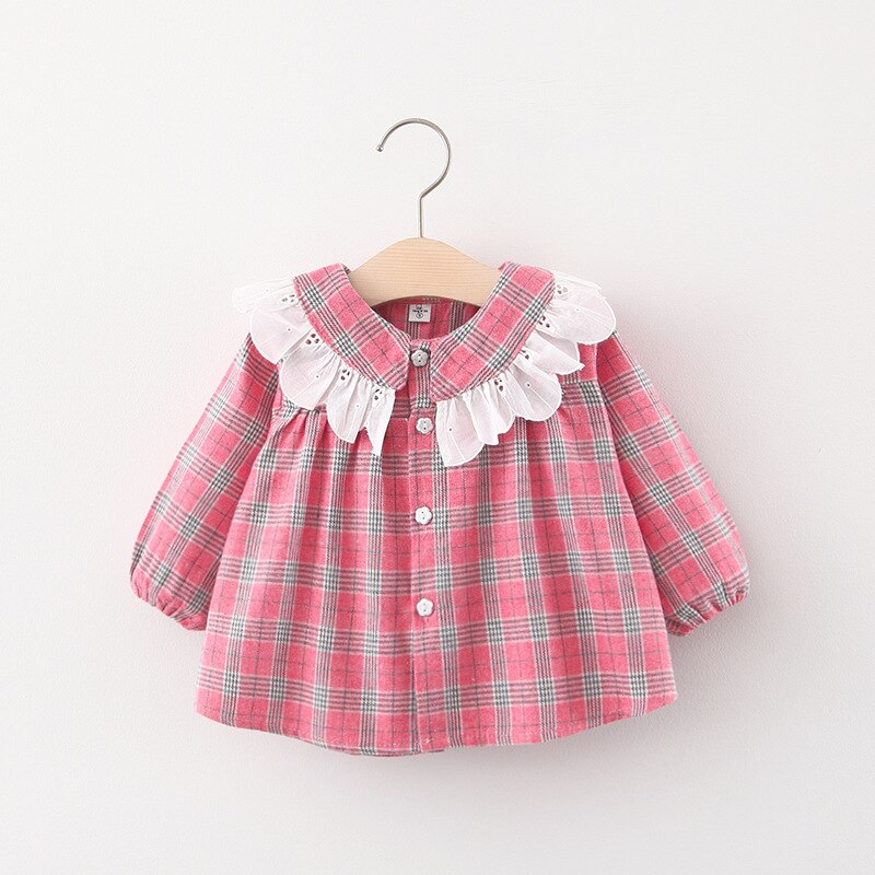 Roupa das crianças 2020 outono novas meninas do bebê casual camisa de manga comprida meninas rendas lapela xadrez camisa crianças outing roupas: Red / 3T