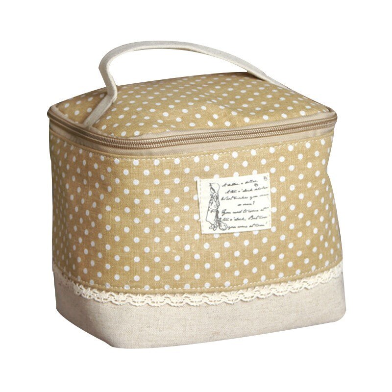 Casual Draagbare Lunch Tas Dot Bloemen Katoen Linnen Waterdicht Thermische Voedsel Picknick Lunchbox Tas Tote: yellow dot