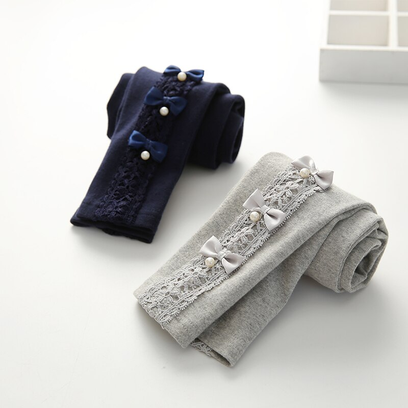 Herfst Lente 100-150Cm 3-12 Jaar Katoen Met Parels Boog Bloem Bloemen Lace Parels Patchwork baby Kids Leggings Voor Meisjes