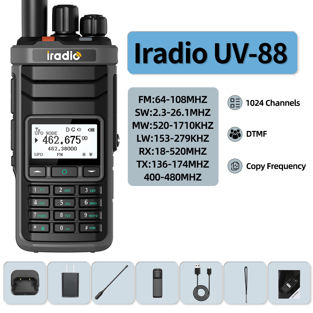 Iradio UV-88 Walkie Talkie Shortwave Radio Multi Band HF CB SSB AM Type-C DTMF LSB CW LW MW SW 1024 Channels: Camo / US