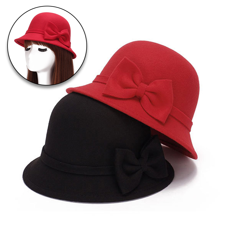 Herbst Winter Frauen Hütte Solide Wolle Filz Kuppel Fedoras Hüte Jahrgang Bogen Eimer Hütte Damen Kappe chapeau femme шляпа