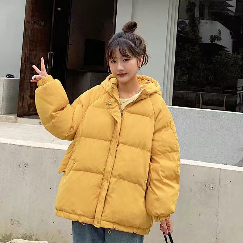 Dam vinter höstjacka bomull vadderad huva oversized lös kvinnlig tjock kappa kort solid casual damparkas: Gul / Xl