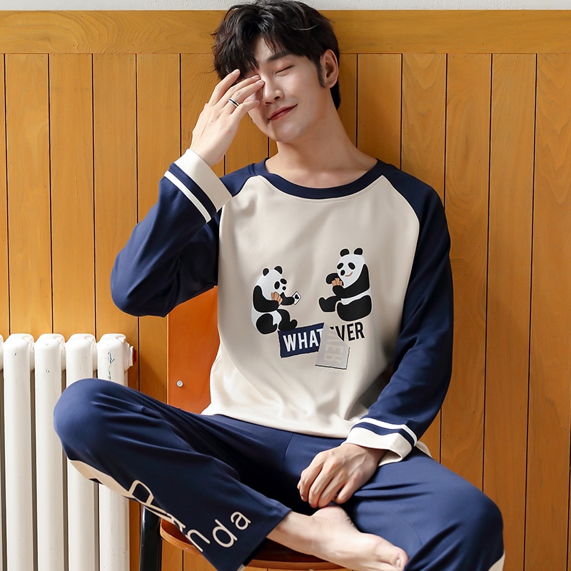 pajamas for men sleepwear men's pure cotton cartoon panda sleep suit pajama set male mens pyjamas overal for sleeping nightwear
