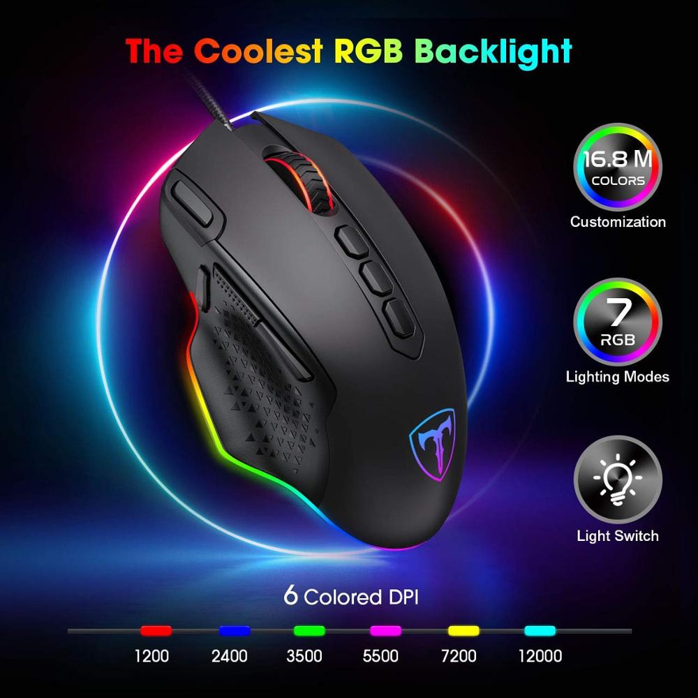 PICTEK 12000DPI Wired Gaming Mouse Gamer Ergonomic Mouse USB With RGB Backlit 10 Buttons For Windows Computer Mice