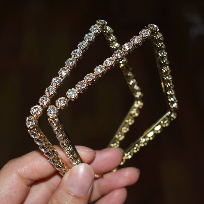 Nuovo Arrivo Delle Donne di Modo Lucido Gemme di Cristallo Quadrato Orecchini Del Cerchio Dei Monili di Vendita Calda Alla Moda Dichiarazione Orecchini Accessori: oro