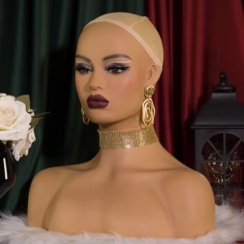 Cabeza de exhibición de pelucas de cara cuadrada, cabeza de maniquí realista con hombros, cabeza llena de espuma de Pvc con sombra de ojos, orificios para las orejas, pestañas