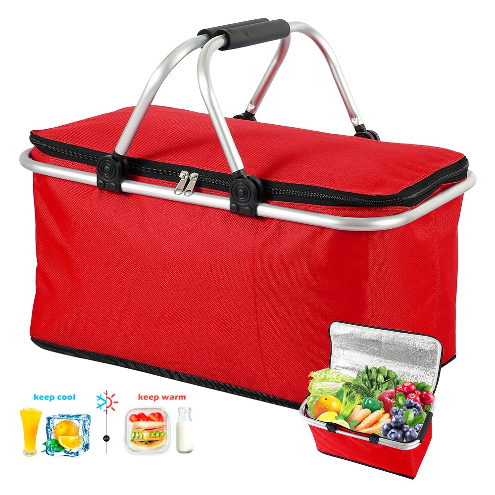 Lunch Bags Folding Picnic Insulated Cooler Bag Cool Hamper Storage Basket 32L Camping Bag Box Outdoor Portable Picnic Basket: Red