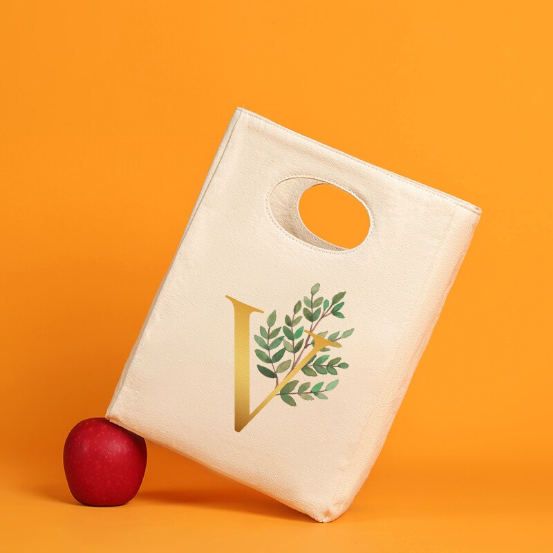 Gold Letter Canvas Neutral Insulated Lunch Bag Canvas Tote Thickened Neutral Reusable Office Picnic Portable Food Storage Bag: 9GoldfV