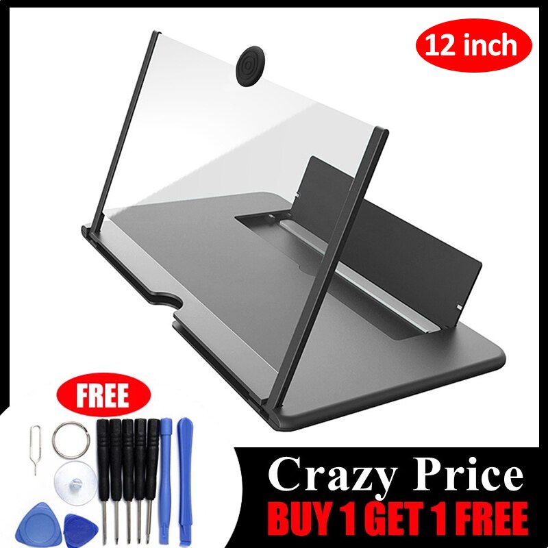 12 inch Folding Enlarged Phone Screen Magnifier Radiation Eye Protection 3D HD Video Amplifier Mobile Phone Stand Bracket Holder: 12 inch Black