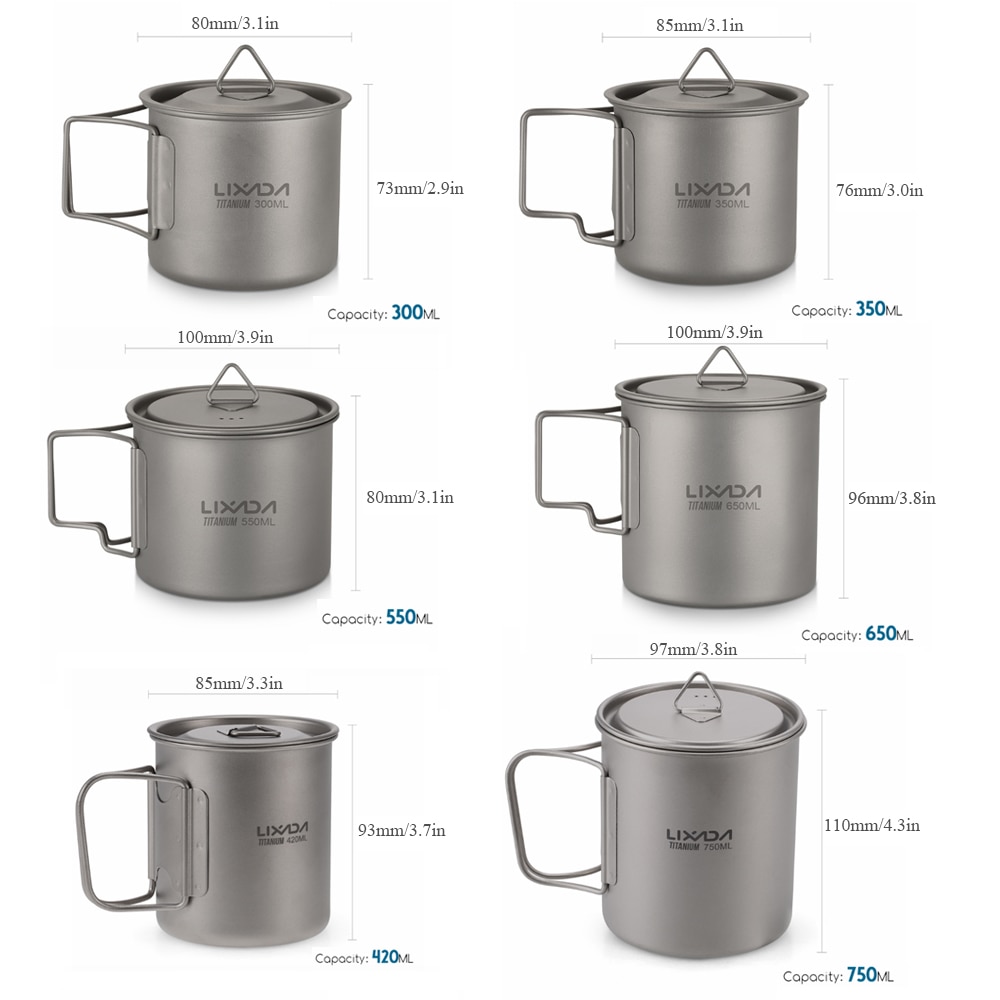 Lixada Ultralight Titanium Cup Pot Outdoor Portable Camping Picnic Water Cup Mug with Foldable Handle 300/350/420/550/650/750ml