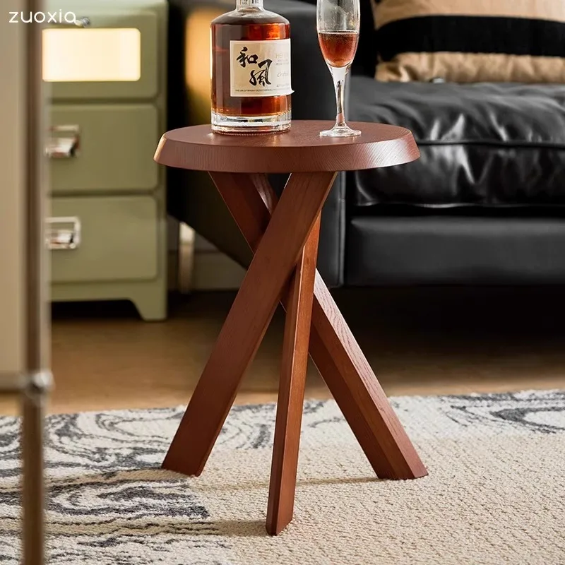Mesa auxiliar de sofá de madera de fresno, mesa esquinera Wabi-Sabi, taburete redondo Vintage para sala de estar, estante de almacenamiento resistente