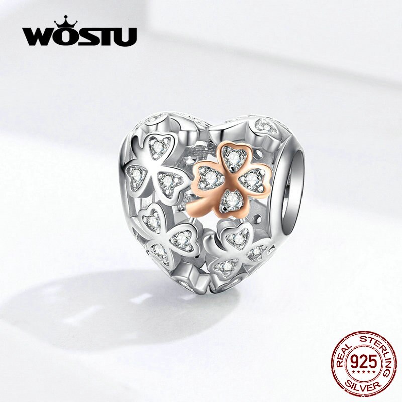 WOSTU prawdziwe 925 szterling srebrna koniczyna i serce czar dopasowanie oryginalna bransoletka naszyjnik szczęśliwe koraliki biżuteria prezent CQC1248
