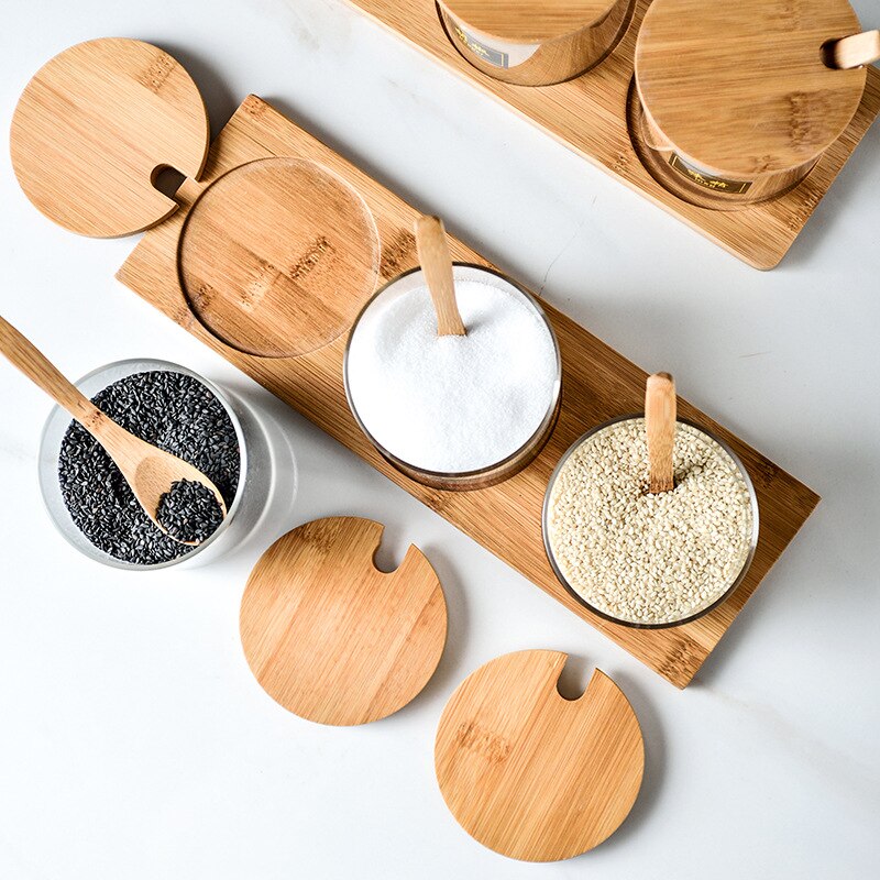 3 stk sett glass oppbevaringskrukke salt godteri kaker te kaffebønner arrangør flaske trelokk beholder krydder frokostblanding