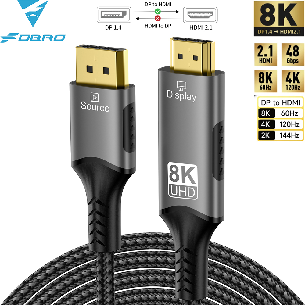 Displayport till hdmi-kompatibel kabel  dp1.4 to hdmi 2.1- omvandlare 8k @ 60hz 4k @ 120hz hdr för stationär bärbar dator pc tv skärm projektor