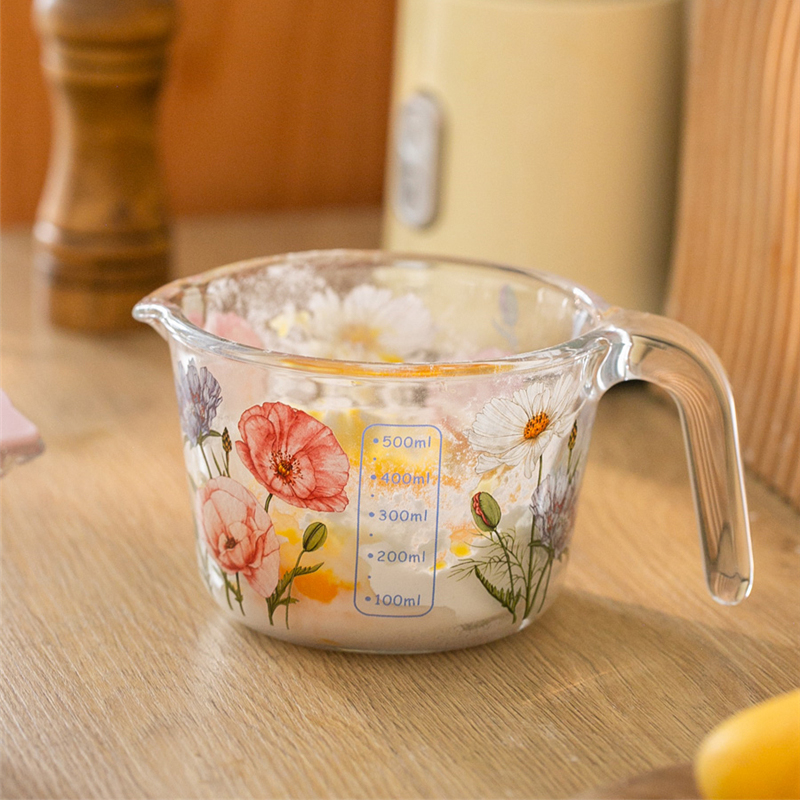 retro Blume Messbecher mit Deckel Glas Milch Saft Tasse mit Skala Messgläser Haushalt Küche Spielereien Backen Kochen Werkzeug