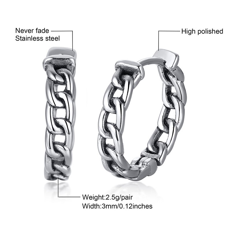 Earring Mens, Cuban Link Hoops Earring for Men, Stainless Steel Miami Chain Huggie Earrings