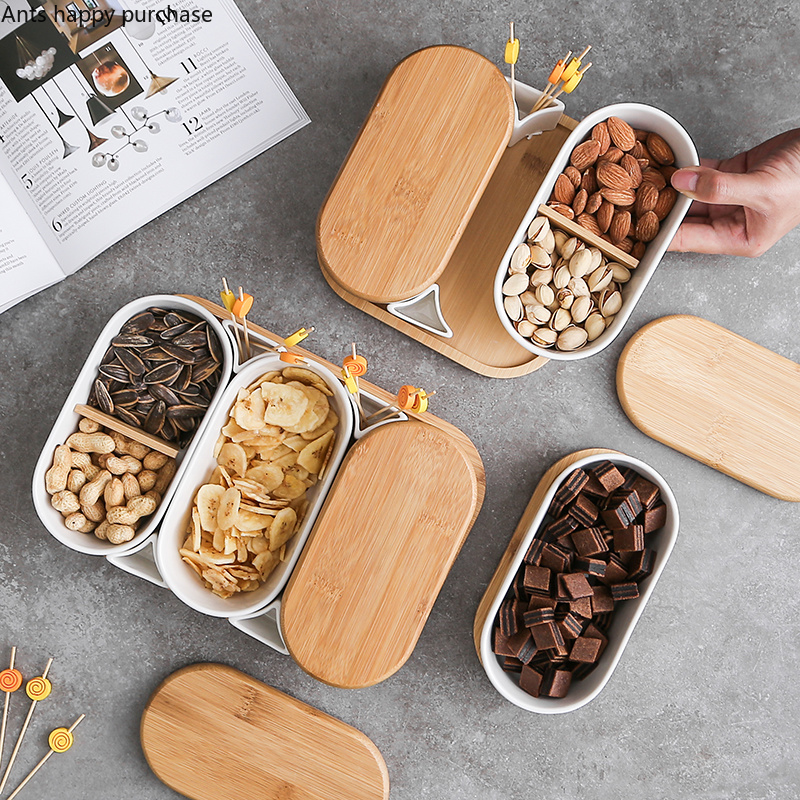 Ceramic Plate Snack Tray with Wooden Cover Wooden Pallets Fruit Plate Salad Bowl Snack Platter Dried Fruit Plates Dim Sum Dish