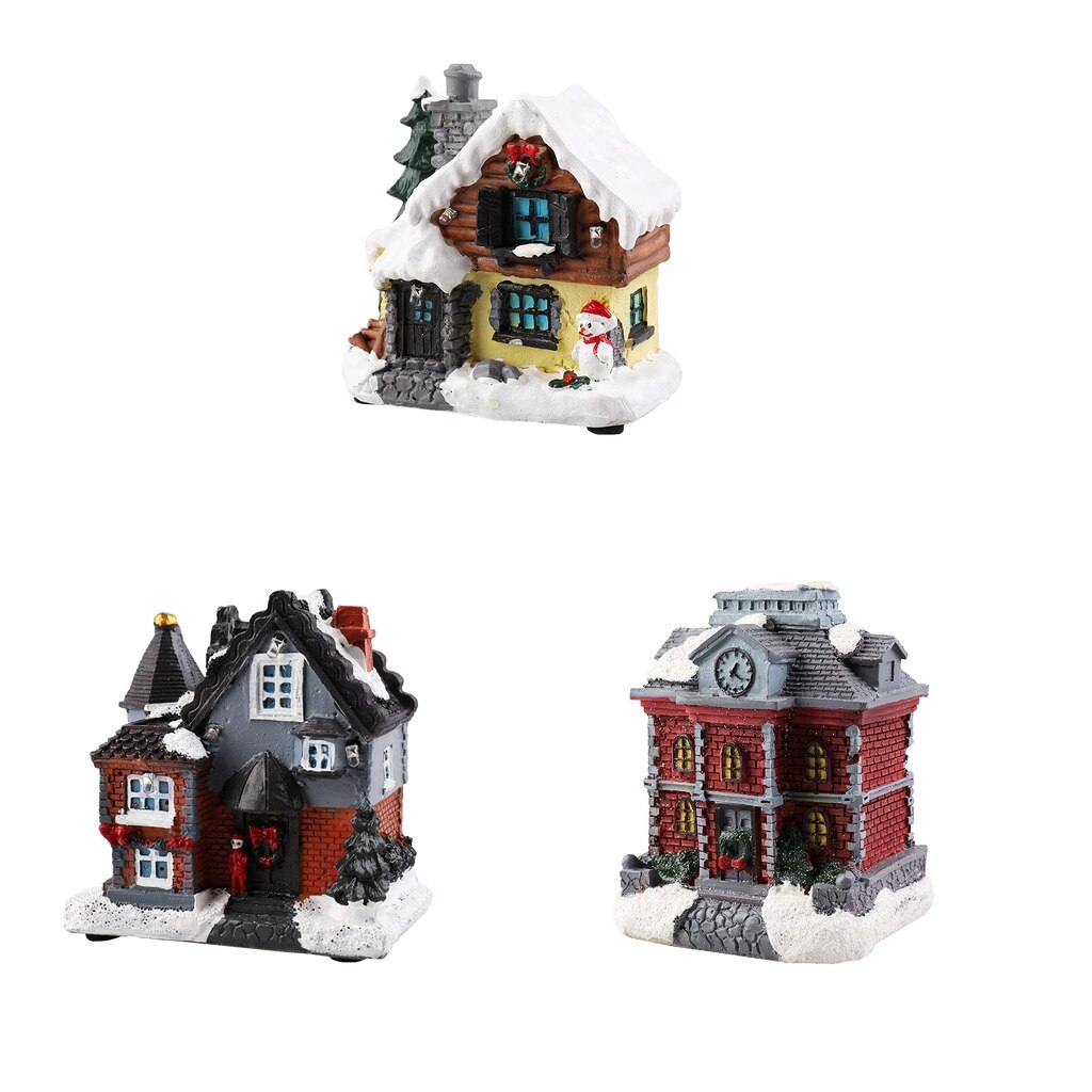 3Pieces LED Light Up Christmas House Village Home Desktop Decor Statue House Tree Display Platform Rustic Snow Country Xmas