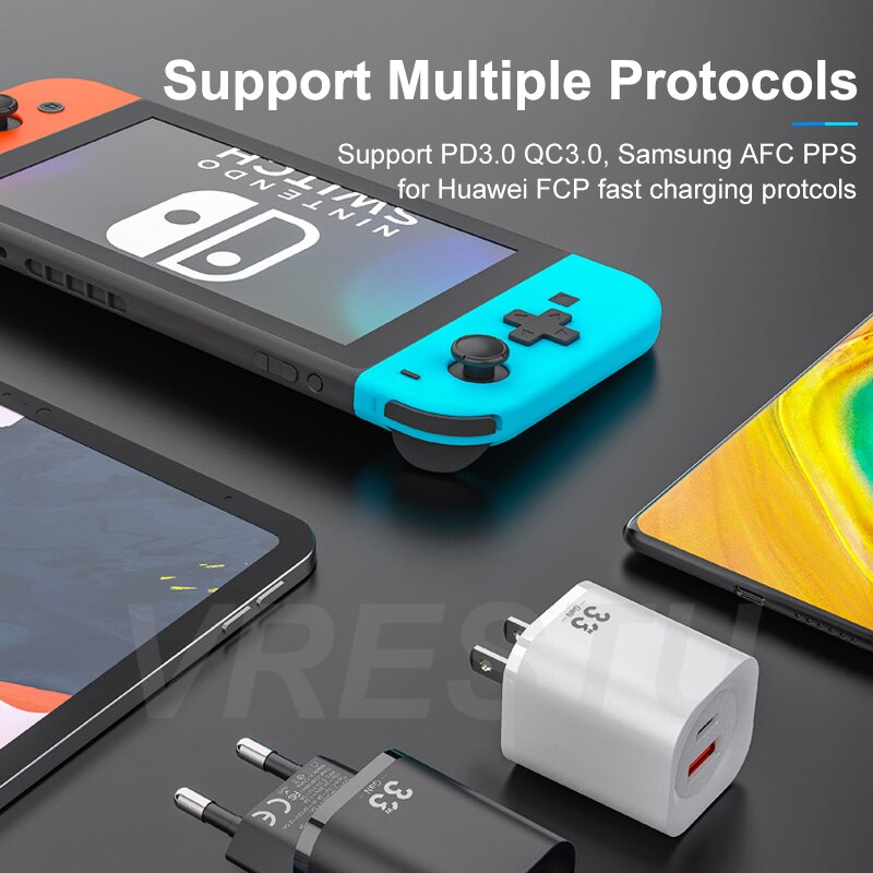 Usb  pd30w gan-oplader, snellader qc  pd 3.0 afc scp-voedingsadapter voor iphone, samsung, pps, tablet, draagbare wandlader met 2 poorten