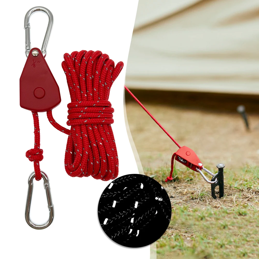 5m Camping Rope Tent Adjustable Rope Fastener Fixed Buckle Pulley Tensioner Ratchet Hangers Lights Camping Awning Wind Rope