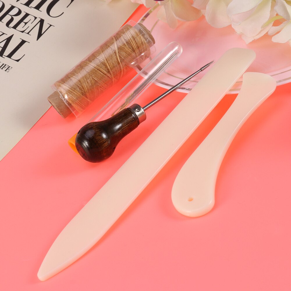 10PCS Bookbinding Tools Set Bone Folder Creaser Waxed Linen Thread Wood Handle Awl Large-eye Needles for Handmade Books