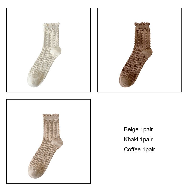 Women cotton socks 3pairs/lot Bubble mouth Retro japanese style collage socks girl female socks VKMONY: Beige1Khaki1Coffee1