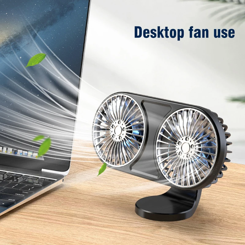 EAFC Car Cooling Fan Double-Head Low Noise 5V USB Electric Car Cooler 360° Rotating Car Air Outlet Dashboard Fan Electrical