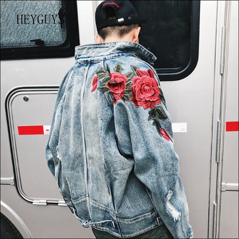 Veste en Denim Vintage avec fleurs roses avec broderie, manteaux à trous effilochés, vêtements d'extérieur de haute rue, Hip Hop, nouveauté printemps vêtements pour hommes