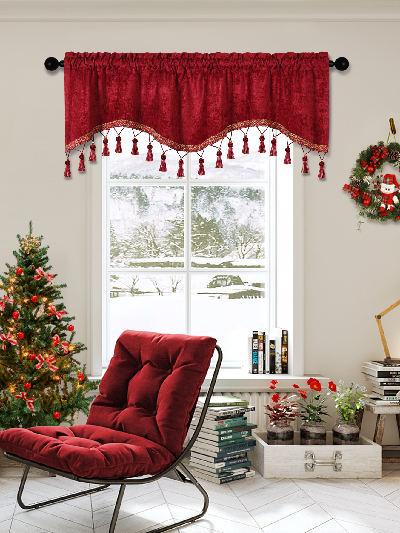 1Pc Eenvoudige Europese Stijl Gordijn Valance Voor Woonkamer, Staaf Zak, S-Vormige Valance Met Kwastjes Voor Raam Decor