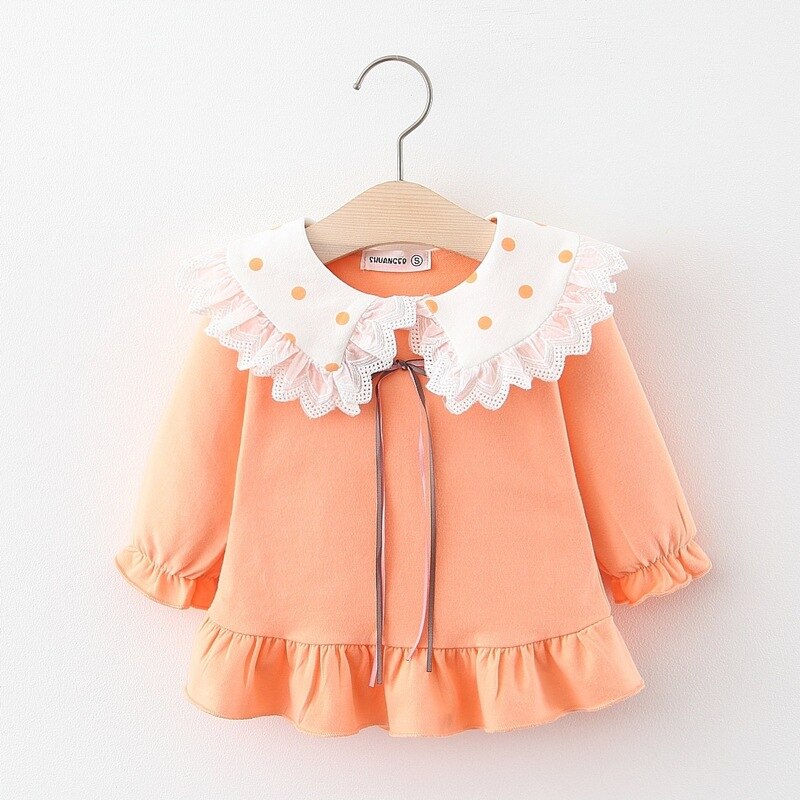 Baby Meisjes Revers Zoete T-shirt Herfst Baby Katoen Dieptepunt Vrouwelijke Pop Jurk Met Lange Mouwen Kinderkleding Kinderen