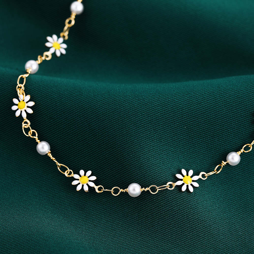 Tobillera de margaritas con cadena de perlas hechas a mano para mujer, sandalias de playa de verano, accesorios, pulsera en la pierna