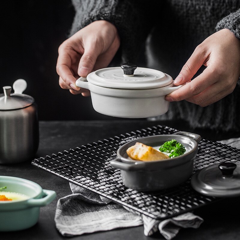 Mini Ceramic Casserole With lid Pudding Pumpkin Soup Matte Double ear Stew pot Bone China Matte Glazed