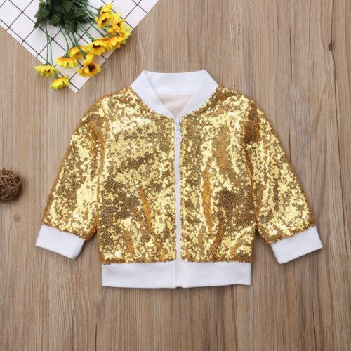 1-5 år småbarn barn flicka kläder paljett glitter dragkedja kappor långärmad jacka toppar ytterkläder kläder: Guld- / 12m