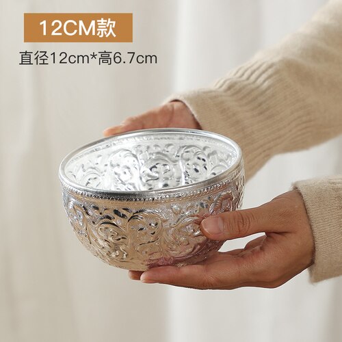Cuenco de Metal para artesanía tailandesa, vajilla redonda tallada a mano para restaurante y Hotel, suministros para el hogar: 12X 6.7 CM